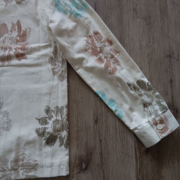 Denim Coat Jacket Women Medium Organic Cotton Zip Front Pockets Cream Floral NWT - Picture 6 of 15